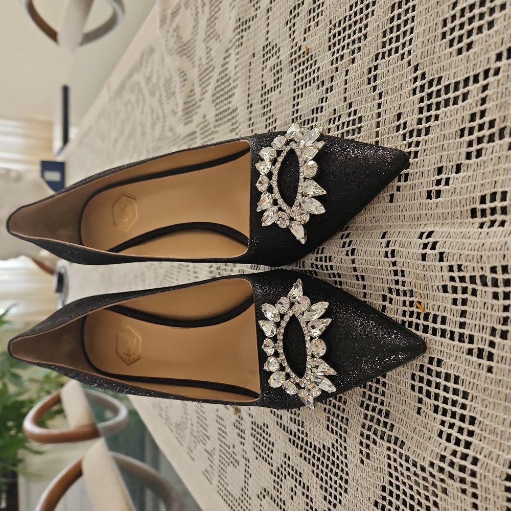 NALEBE Black Stiletto Heels with Crystal Embellishments